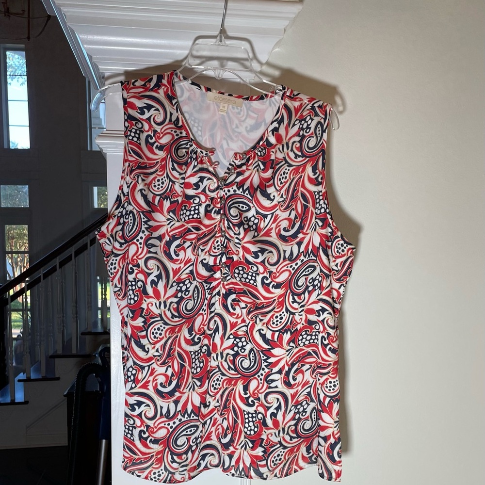 Red, White and Blue Sleevess Blouse with Silver Buttons by Etcetera